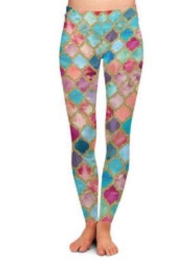 NWOT XL Leggings - Moroccan Turquoise & Pink Watercolor Mosaic (Custom Made)